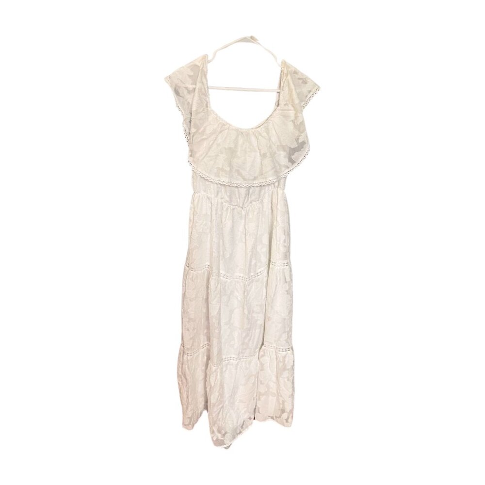 Simplee Off-The-Shoulder Tiered Midi Dress A-Line Jacquard Floral White Size M